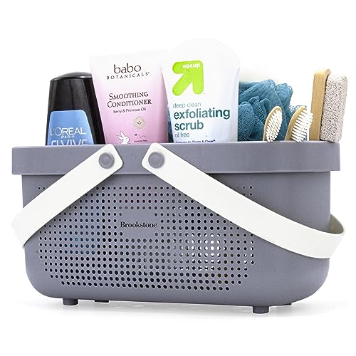 Brookstone BKH1633, Large Portable Shower Caddy with Soft Silicone Carrying Handle, Bathroom Organizer Basket, Plastic Bath Tote, Dries Quickly with Drainage Holes [BPA Free], Gray - Image 1