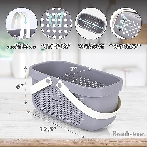 Brookstone BKH1633, Large Portable Shower Caddy with Soft Silicone Carrying Handle, Bathroom Organizer Basket, Plastic Bath Tote, Dries Quickly with Drainage Holes [BPA Free], Gray - Image 4