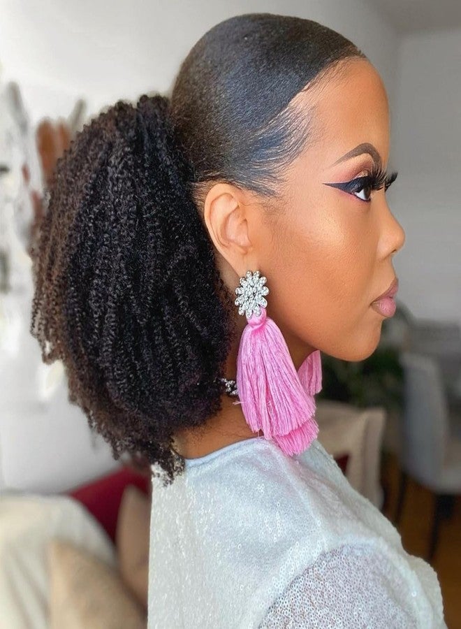 HLSK Afro Kinky Curly Drawstring Pontail Human Hair For Black Women,4C Natural Curly Drawstring Ponytail Extension,10A Brazilian Virgin Afro Puff Human Hair Ponytail (10 Inch) - Image 1
