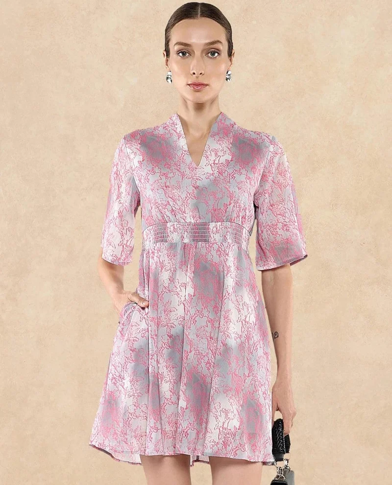 Rareism Women's V Neck Printed Short Dress
