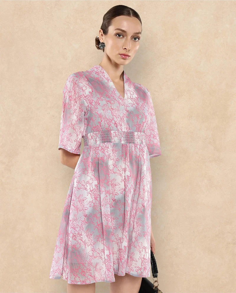 Rareism Women's V Neck Printed Short Dress