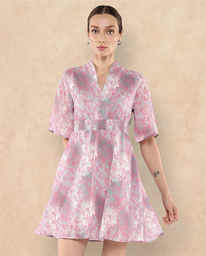 Rareism Women's V Neck Printed Short Dress