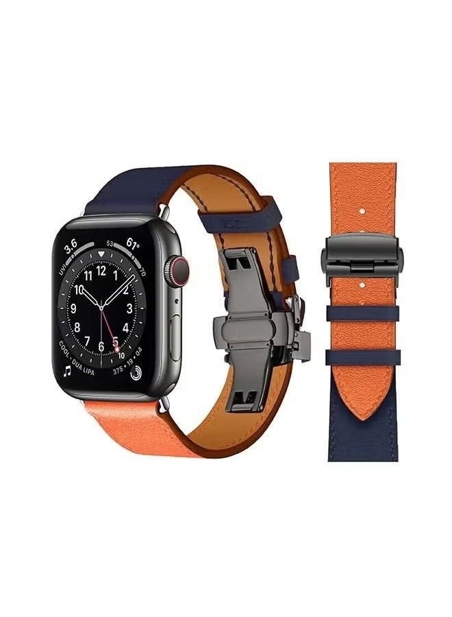 vesus Genuine Leather Replacement Band with Black Buckle for Apple Watch Series 6/SE/5/4/3/2/1 44/42mm Dark Grey/Orange
