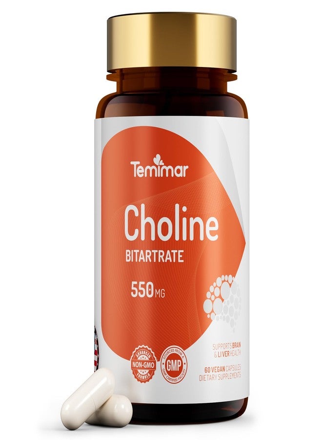 Temimar Choline Bitartrate 550mg, Supports Liver & Brain Health, High Absorption Choline Supplements, Non-GMO, Gluten-Free, Made in USA, 60 Vegan Capsules - Image 1