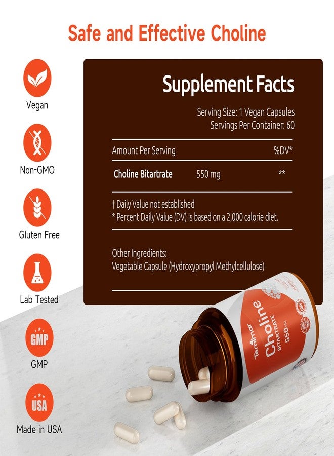 Temimar Choline Bitartrate 550mg, Supports Liver & Brain Health, High Absorption Choline Supplements, Non-GMO, Gluten-Free, Made in USA, 60 Vegan Capsules - Image 3