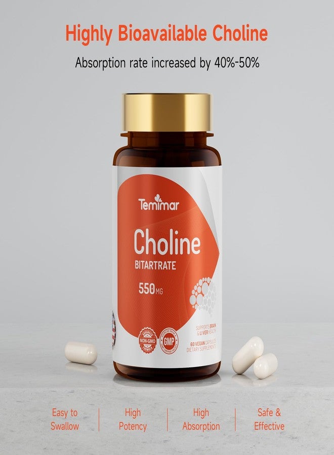 Temimar Choline Bitartrate 550mg, Supports Liver & Brain Health, High Absorption Choline Supplements, Non-GMO, Gluten-Free, Made in USA, 60 Vegan Capsules - Image 2