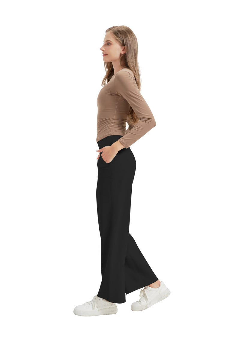 VIMPEP Wide Leg Pant Women with Pockets High Waist Loose Yoga Pants Stretch Gym Dress Casual Sweatpants Petite 107 31 Black XL - Image 2