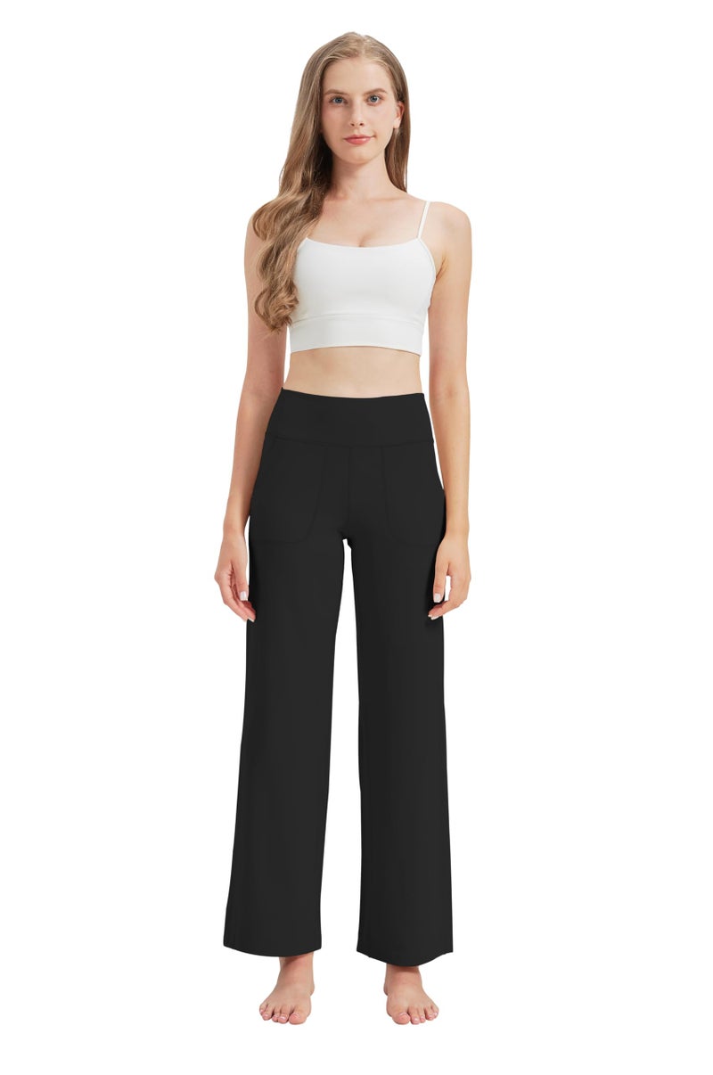 VIMPEP Wide Leg Pant Women with Pockets High Waist Loose Yoga Pants Stretch Gym Dress Casual Sweatpants Petite 107 31 Black XL - Image 3