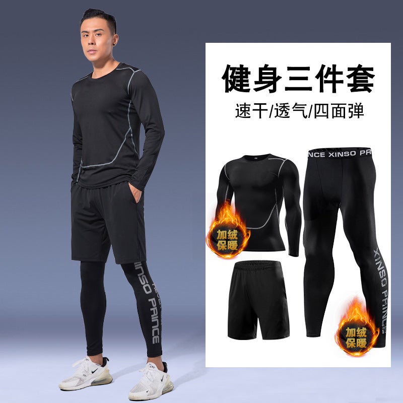 Generic Fitness Running Equipment Clothes Mens Quick-drying Basketball High-elastic Tight Short-sleeved Training Room Summer Ice Silk Sports suit Elite flower three-piece fleece-lined (suitable for 10 ℃ below)