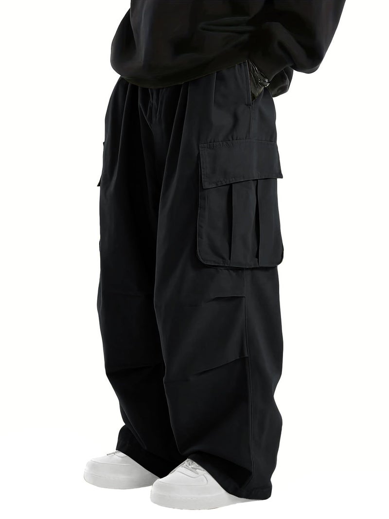 WZIKAI Men's Baggy Cargo Pants Elastic Waist Drawstring Parachute Cargo Pants Casual Loose Fit Joggers Hiking Hip Hop Pants with Pockets Black M - Image 1