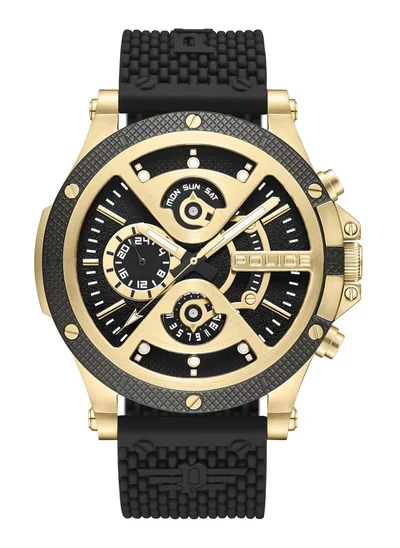 بوليس Men's Surigao Men's 47mm Multifunction Watch with Gold Ion-Plated Case, Matte Black Dial & Silicone Strap