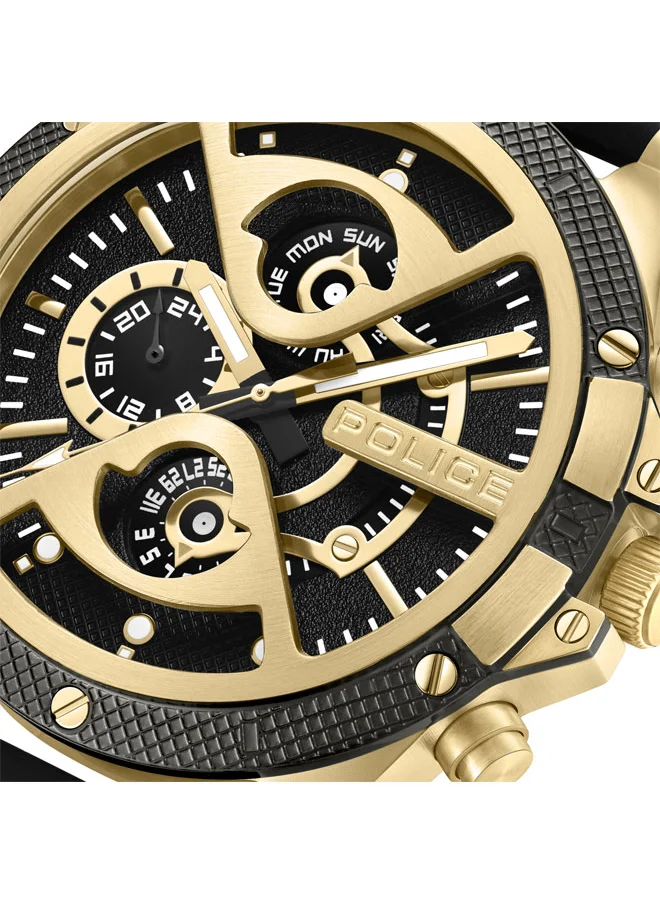 بوليس Men's Surigao Men's 47mm Multifunction Watch with Gold Ion-Plated Case, Matte Black Dial & Silicone Strap