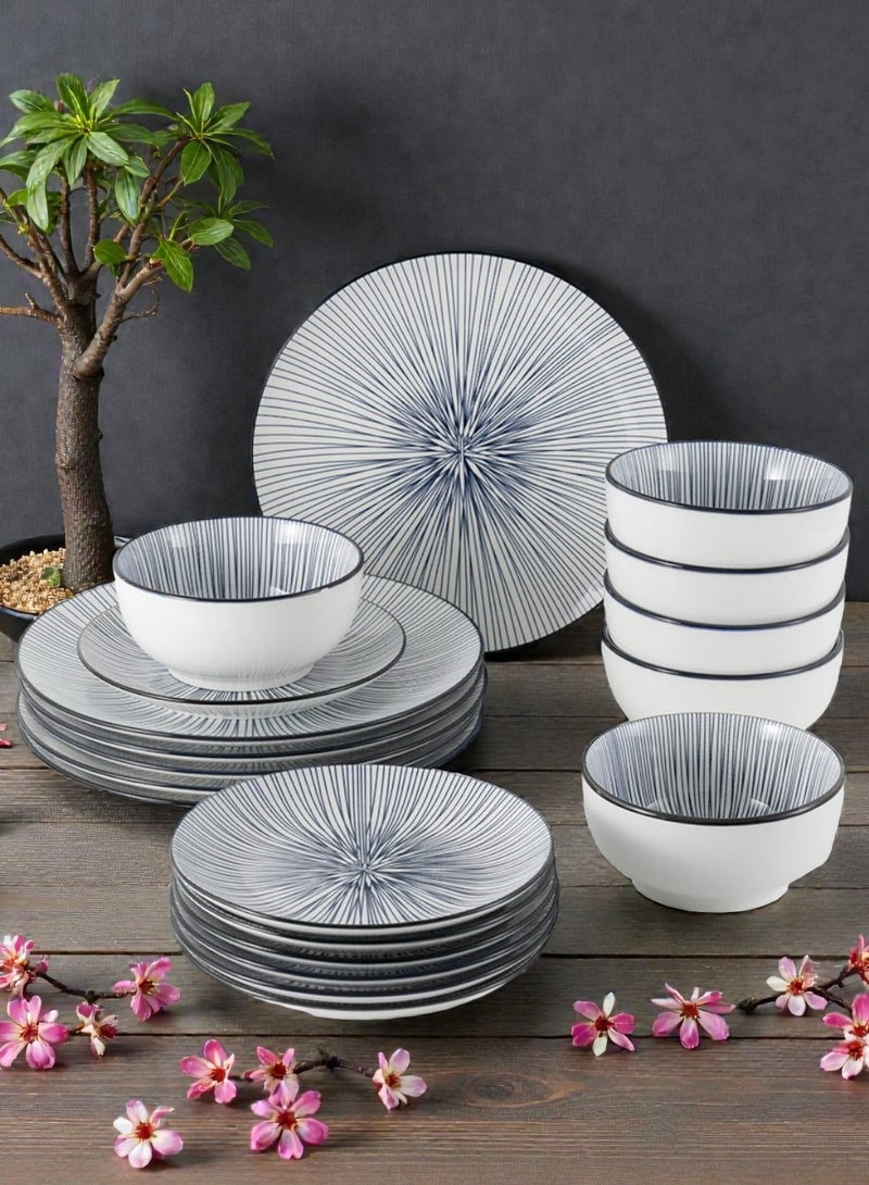 ايست من نون طقم سفرة مكون من البورسلين مكون من 18 قطعة، يكفي 6 أشخاص، آمن للاستخدام في الميكروويف وغسالة الصحون، بتصميم مخطط باللون الأزرق. - Image 1