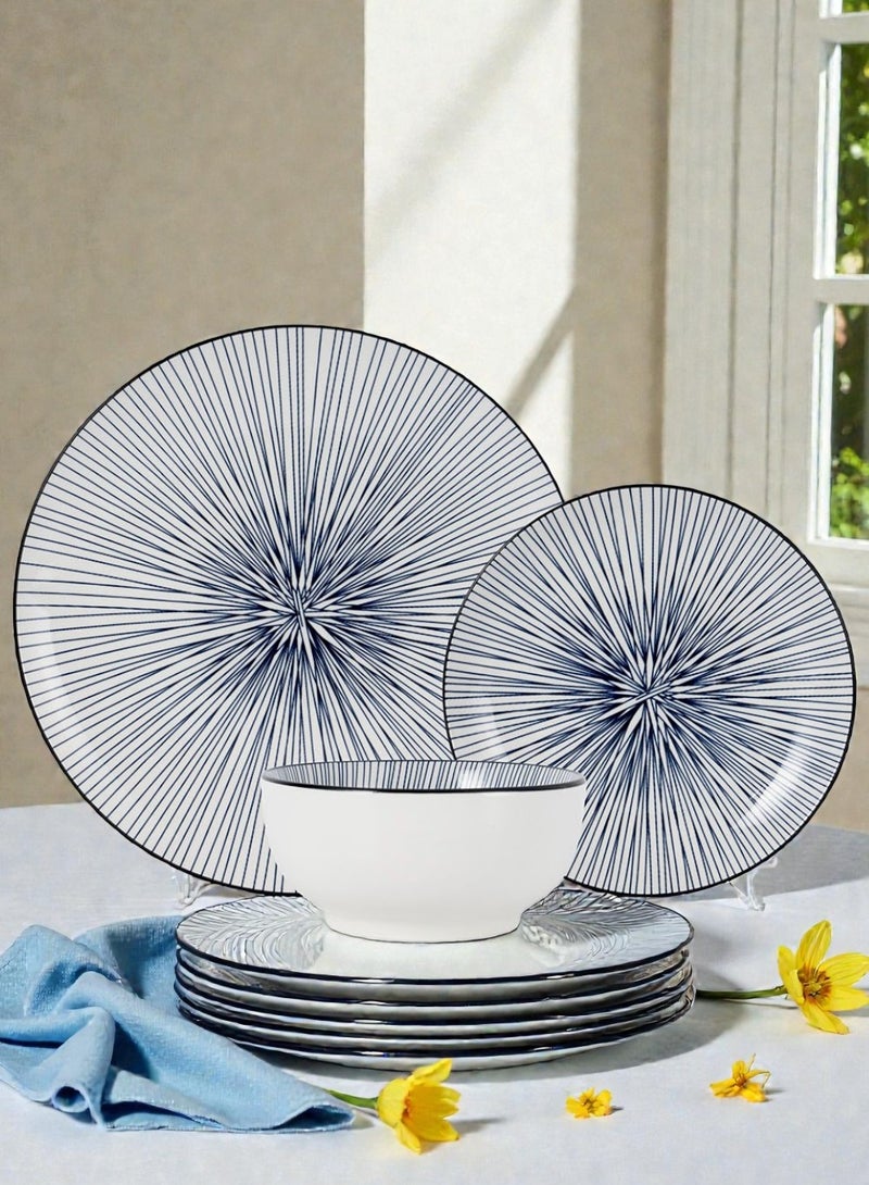 ايست من نون طقم سفرة مكون من البورسلين مكون من 18 قطعة، يكفي 6 أشخاص، آمن للاستخدام في الميكروويف وغسالة الصحون، بتصميم مخطط باللون الأزرق. - Image 2