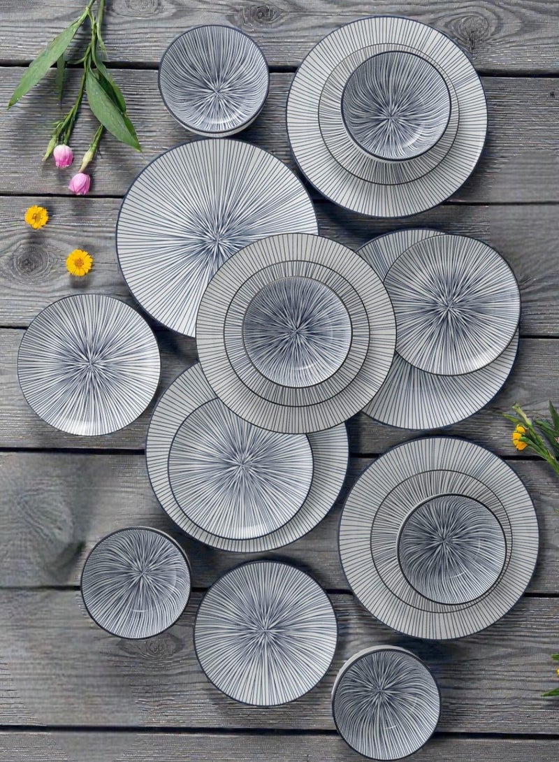 ايست من نون طقم سفرة مكون من البورسلين مكون من 18 قطعة، يكفي 6 أشخاص، آمن للاستخدام في الميكروويف وغسالة الصحون، بتصميم مخطط باللون الأزرق. - Image 3