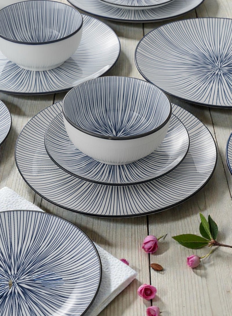 ايست من نون طقم سفرة مكون من البورسلين مكون من 18 قطعة، يكفي 6 أشخاص، آمن للاستخدام في الميكروويف وغسالة الصحون، بتصميم مخطط باللون الأزرق. - Image 4
