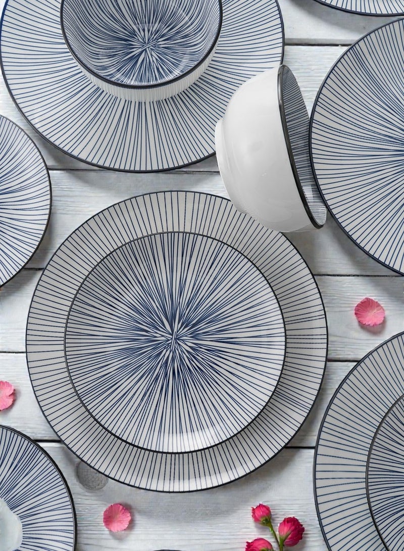 ايست من نون طقم سفرة مكون من البورسلين مكون من 18 قطعة، يكفي 6 أشخاص، آمن للاستخدام في الميكروويف وغسالة الصحون، بتصميم مخطط باللون الأزرق. - Image 5