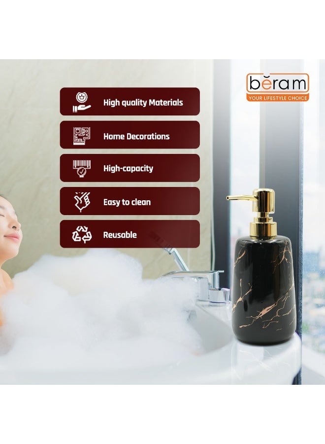 بيرام موزع صابون بيرايم من الرخام - مضخة سيراميك متعددة الاستخدامات لصابون اليد، الكريم، المطهر، أو الشامبو | مظهر رخام أبيض لامع مع ذهب وأسود لحمامك (ذهبي وأسود) - Image 2