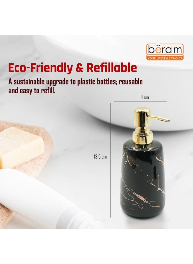 بيرام موزع صابون بيرايم من الرخام - مضخة سيراميك متعددة الاستخدامات لصابون اليد، الكريم، المطهر، أو الشامبو | مظهر رخام أبيض لامع مع ذهب وأسود لحمامك (ذهبي وأسود) - Image 3