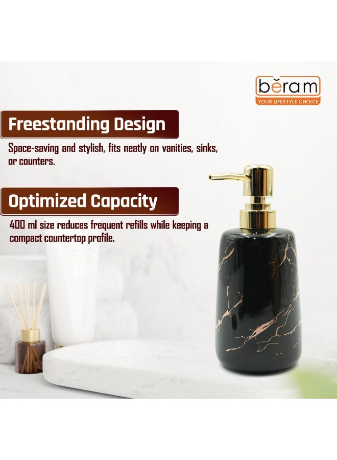 بيرام موزع صابون بيرايم من الرخام - مضخة سيراميك متعددة الاستخدامات لصابون اليد، الكريم، المطهر، أو الشامبو | مظهر رخام أبيض لامع مع ذهب وأسود لحمامك (ذهبي وأسود) - Image 5
