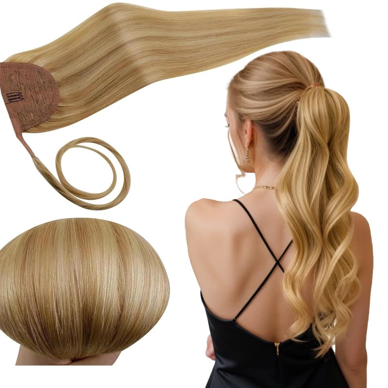 RUNATURE Ponytail Extension Human Hair Blonde Real Hair Ponytail Extension Wrap Around Human Hair Ponytail Daily Wearing Easy to Install 18 Inch 80g 16P24 Golden Blonde Highlights