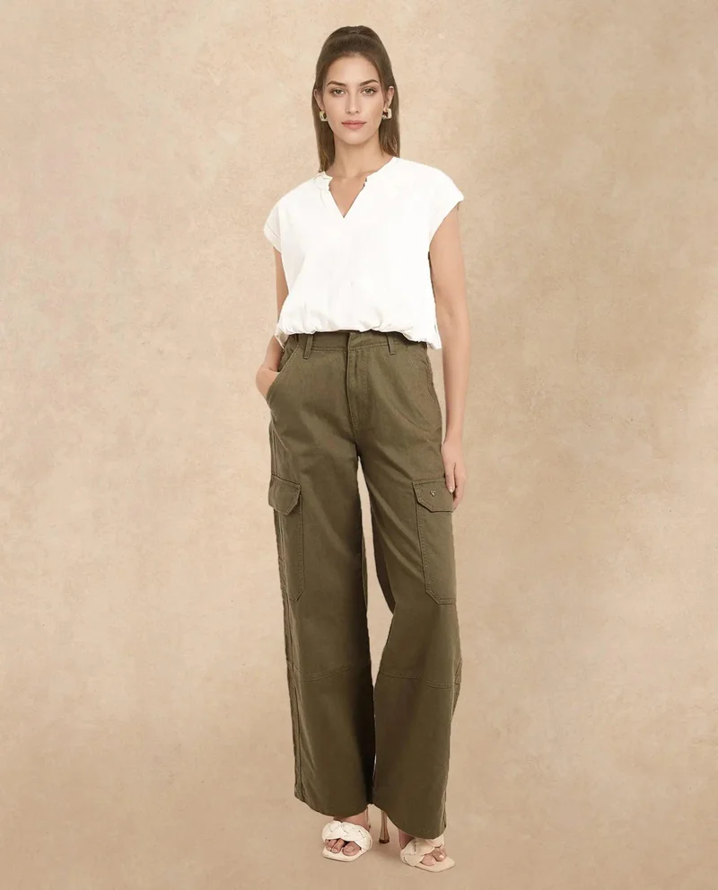 Rareism Women's Wide Ankle Length Broad Cargo Trouser
