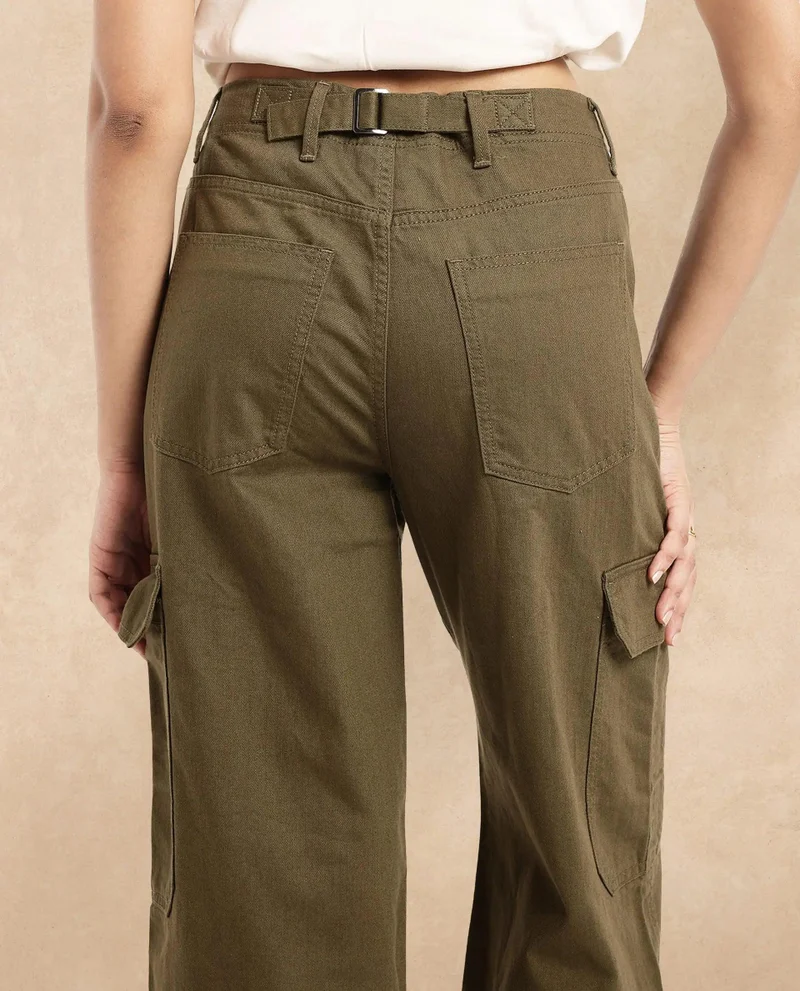 Rareism Women's Wide Ankle Length Broad Cargo Trouser