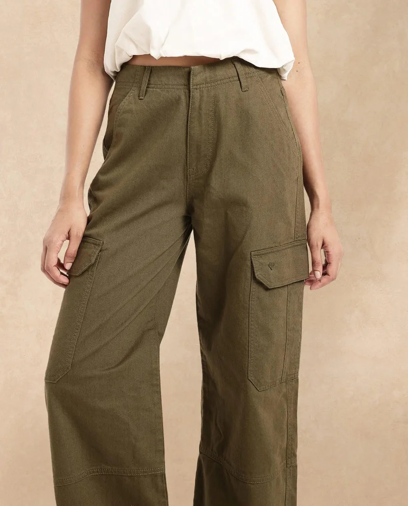 Rareism Women's Wide Ankle Length Broad Cargo Trouser