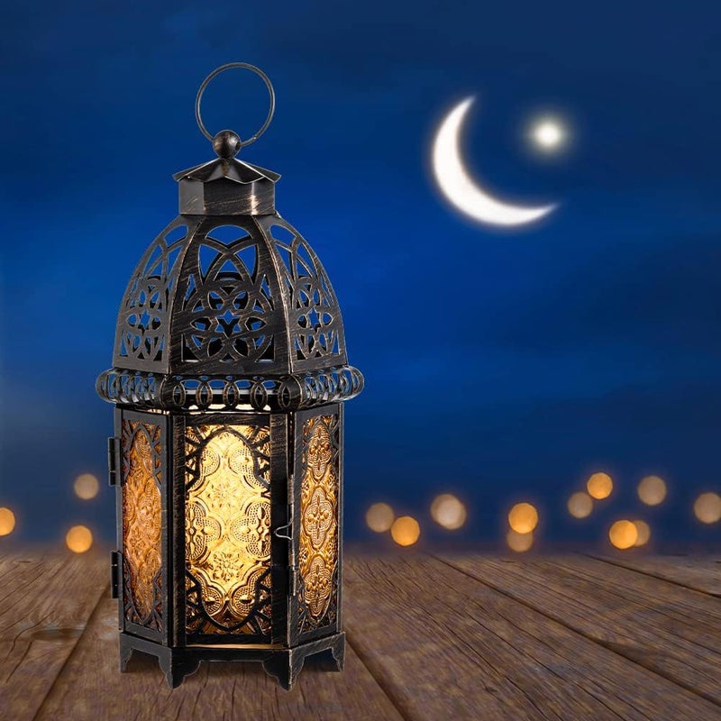 NEEDOMO 12.8'' Moroccan Lanterns Decorative Indoor & Outdoor, Vintage Christmas Candle Holder, Metal Lanterns Decorative, Table, Patio, Porch, Shelf, Christmas Spring Halloween Home Decor (Amber) - Image 4