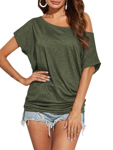Poetsky Womens Summer Casual Shirts Short Sleeve Tunic Tops, Army Green, L - Image 2
