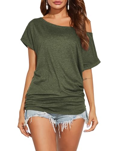 Poetsky Womens Summer Casual Shirts Short Sleeve Tunic Tops, Army Green, L - Image 1