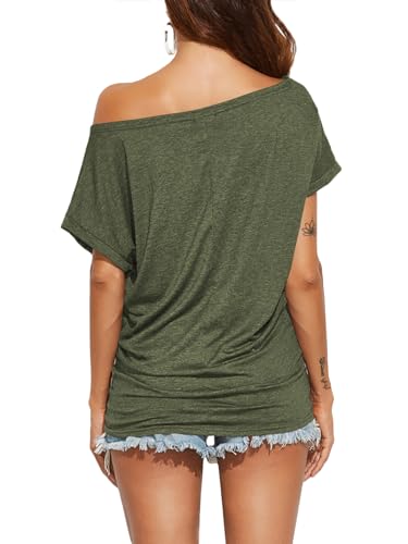 Poetsky Womens Summer Casual Shirts Short Sleeve Tunic Tops, Army Green, L - Image 5
