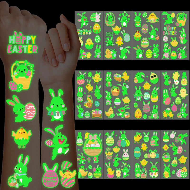 Huskein 115 Pcs Easter Basket Stuffers, 12 Sheets Luminous Easter Tattoos for Egg Fillers, Fake Bunny Temporary Tattoos Stickers for Basket Crafts Decorations Gifts Egg Bags Fillers Party Favor - Image 2