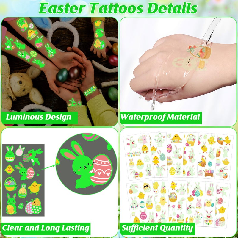 Huskein 115 Pcs Easter Basket Stuffers, 12 Sheets Luminous Easter Tattoos for Egg Fillers, Fake Bunny Temporary Tattoos Stickers for Basket Crafts Decorations Gifts Egg Bags Fillers Party Favor - Image 4