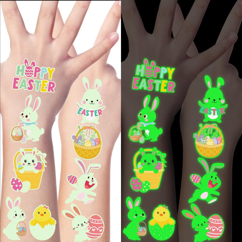 Huskein 115 Pcs Easter Basket Stuffers, 12 Sheets Luminous Easter Tattoos for Egg Fillers, Fake Bunny Temporary Tattoos Stickers for Basket Crafts Decorations Gifts Egg Bags Fillers Party Favor - Image 1