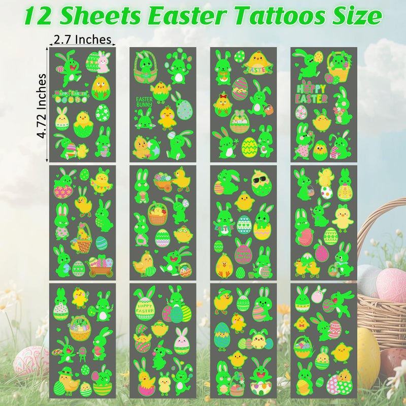 Huskein 115 Pcs Easter Basket Stuffers, 12 Sheets Luminous Easter Tattoos for Egg Fillers, Fake Bunny Temporary Tattoos Stickers for Basket Crafts Decorations Gifts Egg Bags Fillers Party Favor - Image 3