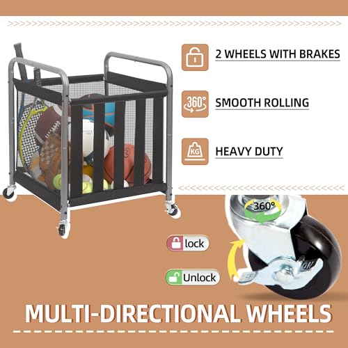 STORAGE MANIAC Ball Storage Bin Rolling Sports Ball Cart, Metal Garage Organizer Sport Rack Basketball Storage Cage for Garage or Gym, Indoor & Outdoor Sports Equipment Organizer 1 Pack - Image 3