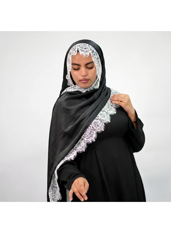 وشاح نسائي من الرايون السادة المزين بالدانتيل: شال وغطاء رأس مساميان - Image 2