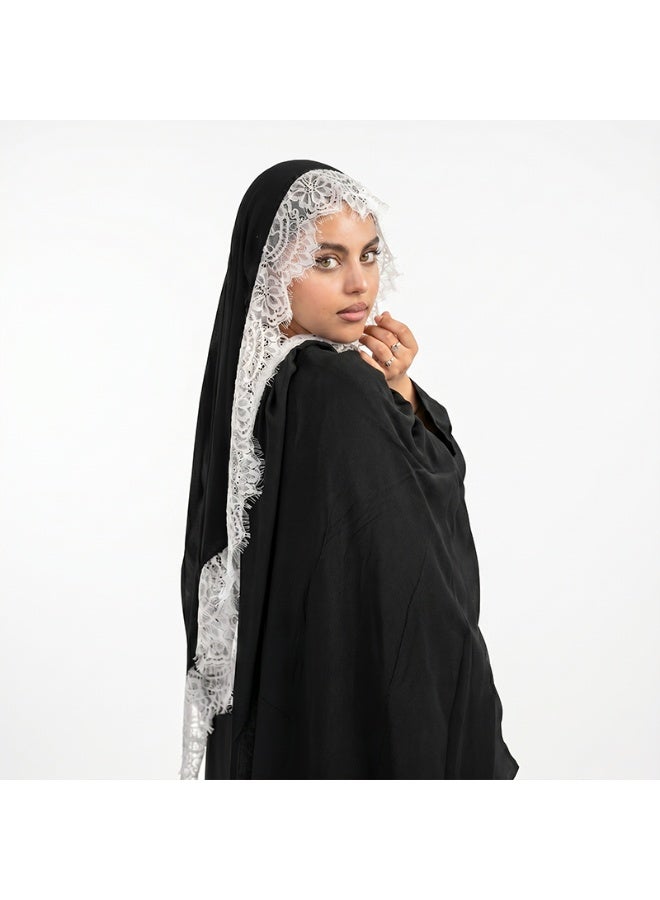 وشاح نسائي من الرايون السادة المزين بالدانتيل: شال وغطاء رأس مساميان - Image 1