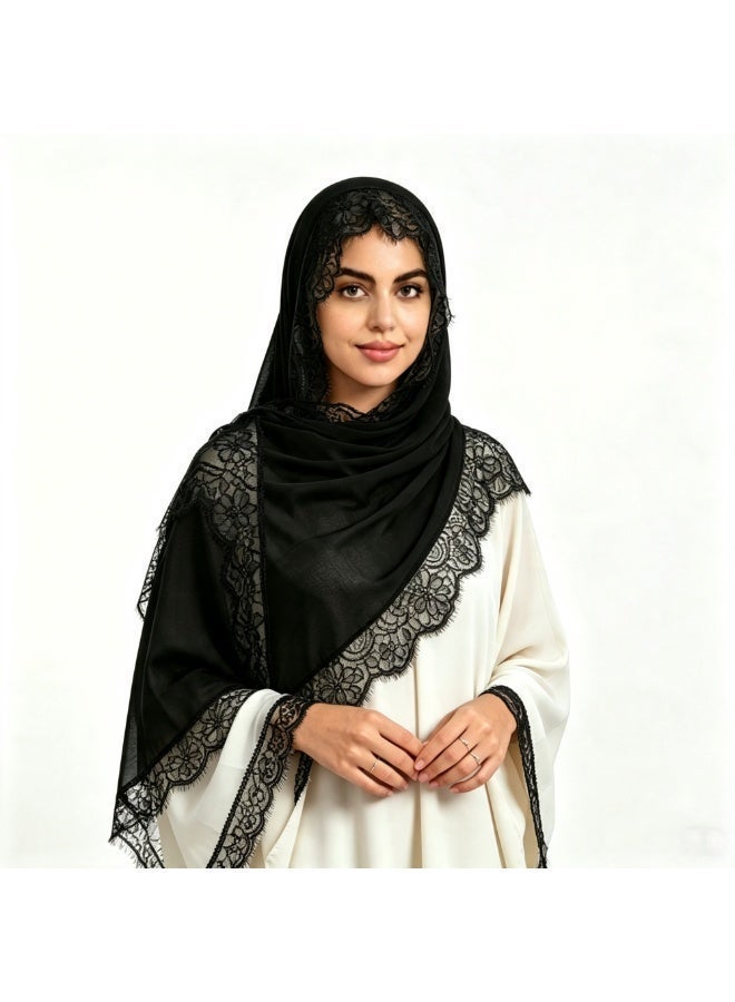 وشاح نسائي من الرايون السادة المزين بالدانتيل: شال وغطاء رأس مساميان - Image 1