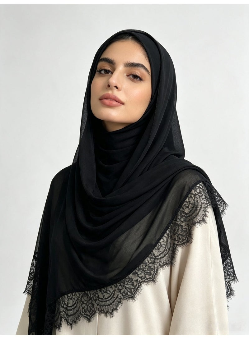 وشاح نسائي من الرايون السادة المزين بالدانتيل: شال وغطاء رأس مساميان - Image 1