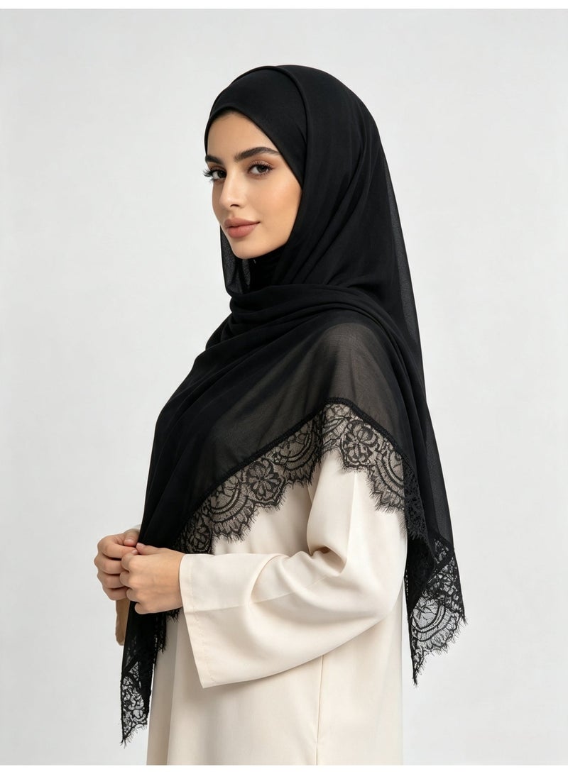 وشاح نسائي من الرايون السادة المزين بالدانتيل: شال وغطاء رأس مساميان - Image 3