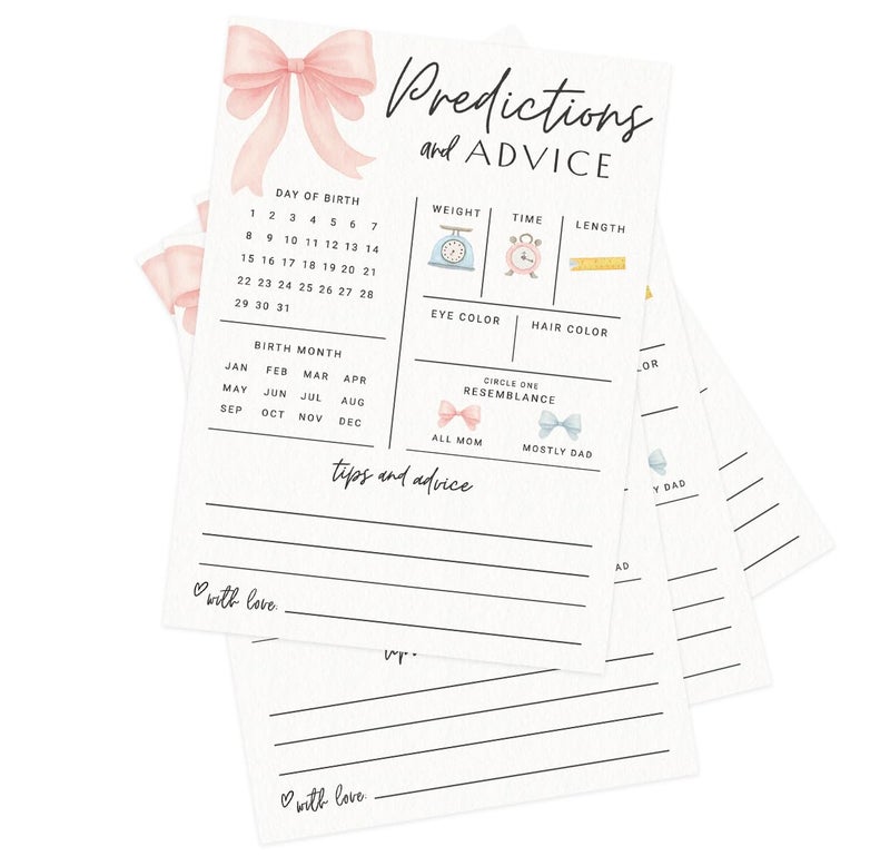 Printed Party Baby Predictions & Advice Cards â€“ Pink Bow Design, Fun Baby Shower Game for Guests, Gender Reveal Activity for Girl, 30 Pack - Image 3