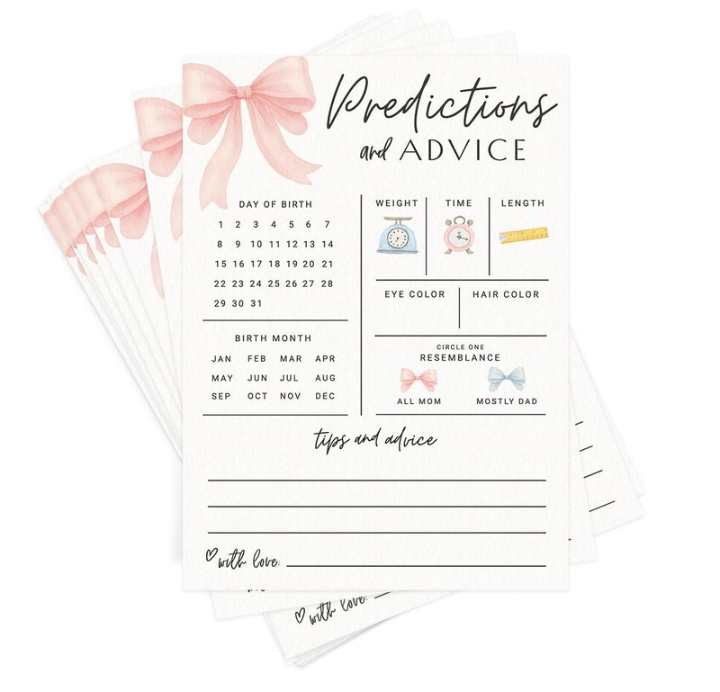 Printed Party Baby Predictions & Advice Cards â€“ Pink Bow Design, Fun Baby Shower Game for Guests, Gender Reveal Activity for Girl, 30 Pack - Image 1