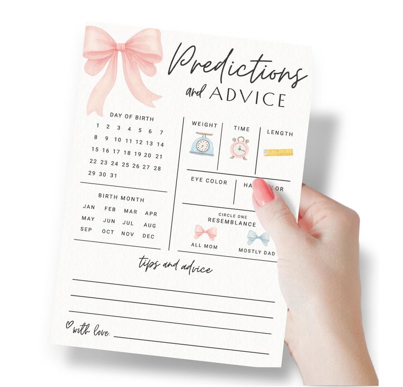 Printed Party Baby Predictions & Advice Cards â€“ Pink Bow Design, Fun Baby Shower Game for Guests, Gender Reveal Activity for Girl, 30 Pack - Image 2
