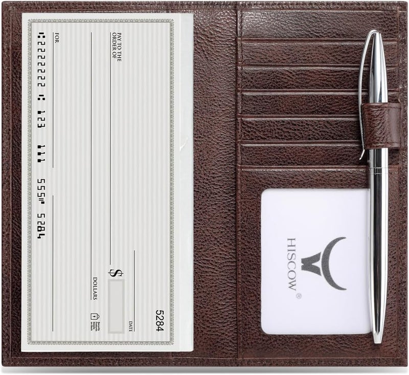 HISCOW Soft Leather Checkbook Cover & Card Holder with Divider - Italian Calfskin (Coffee Vegetable-Tanned Leather) - Image 1
