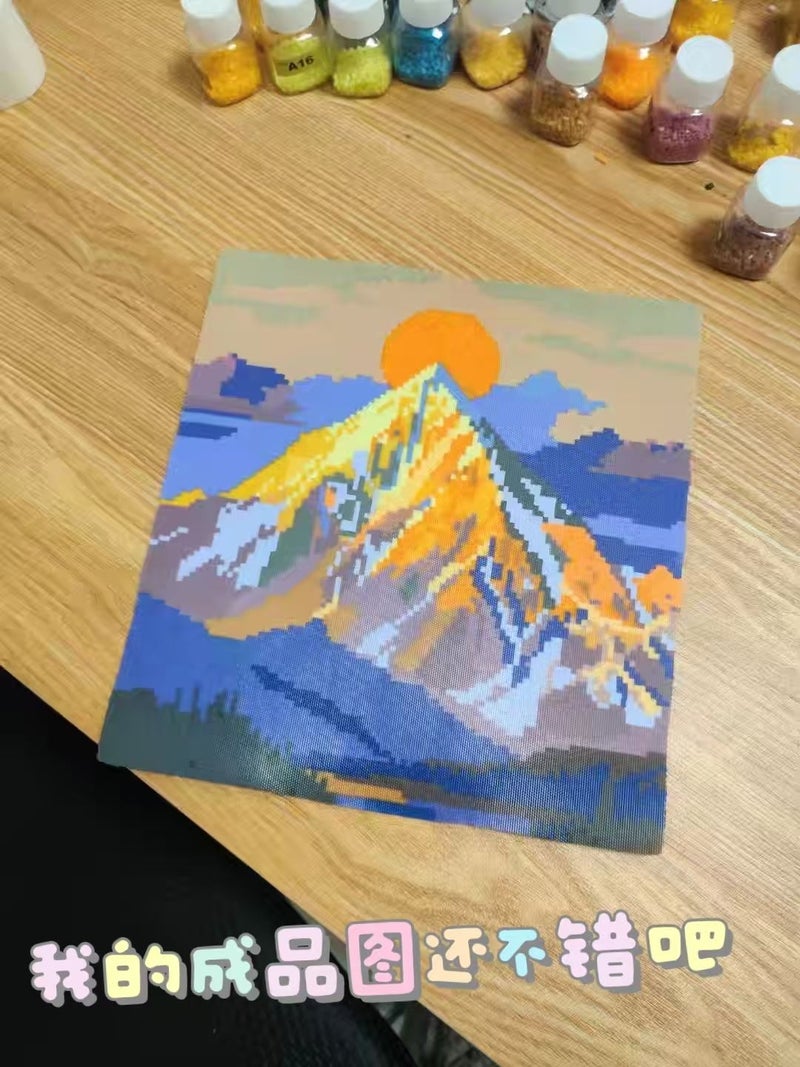 Handmade Sunrise Mountain Fuse Bead Pixel Art Wall Decor, Large Size Scenery Fuse Beads Ornament for Home Decoration - Image 1