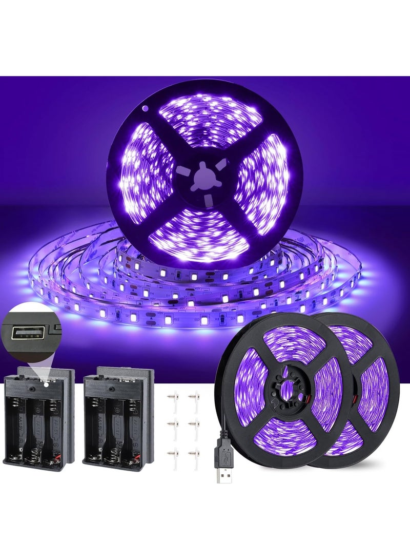 16.4ft USB Black Light Strip with Battery Box, 5V LED Blacklight Strip 300LEDs for Glow in The Dark, 385-400nm for Halloween Birthday Party Fluorescent Poster Painting, 2pcs x 8.2ft - Image 1