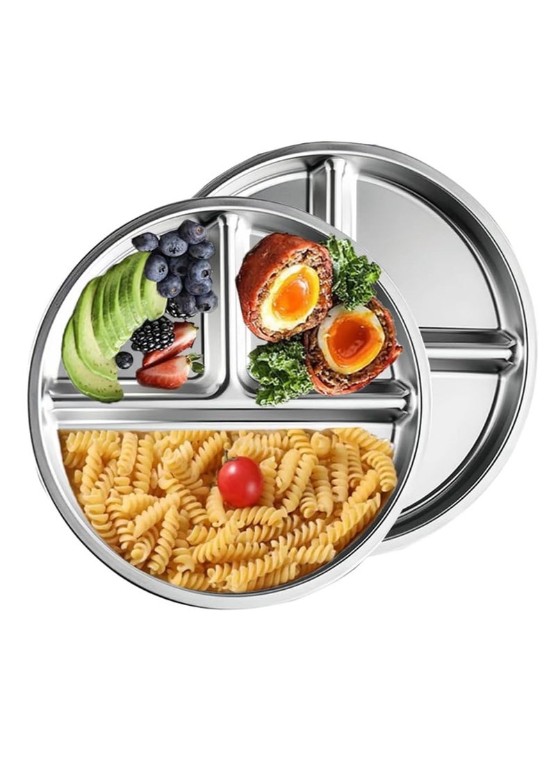 YelaJoy 2 Pcs Stainless Steel Kids Plates,  Portion Control Platter with 3 Compartment, Unbreakable Dinner Plates, Divided Food Tray Stainless Steel Plate for Adults Kids, Camping - Image 1