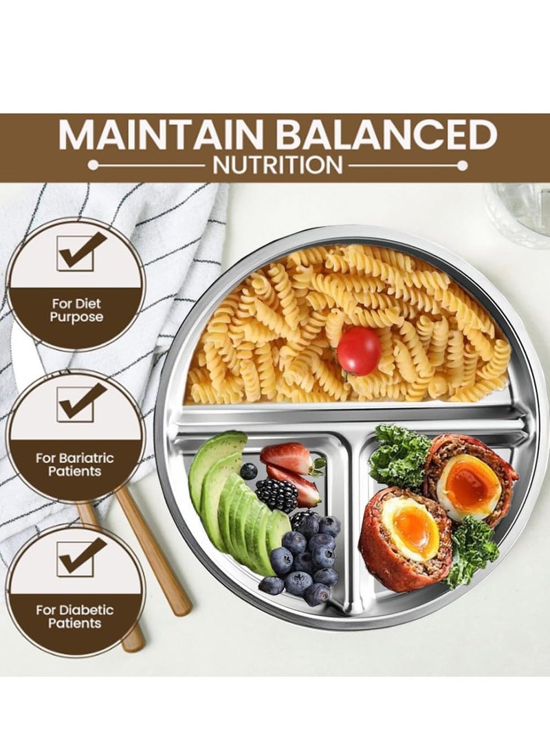 YelaJoy 2 Pcs Stainless Steel Kids Plates,  Portion Control Platter with 3 Compartment, Unbreakable Dinner Plates, Divided Food Tray Stainless Steel Plate for Adults Kids, Camping - Image 2